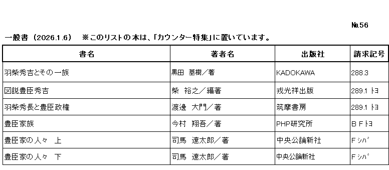 ｼﾝﾁｬｸﾘｽﾄ / ﾅﾝﾊﾞｰ56 / ｲｯﾊﾟﾝｼｮ/ (2026年1月6日)/ｺﾉ ﾘｽﾄ ﾉ ﾎﾝ ﾜ/ ｶｳﾝﾀｰﾄｸｼｭｳ ﾆ/ ｵｲﾃ ｲﾏｽ/		
ｺﾉ ﾘｽﾄ ﾜ /ｼｮﾒｲ/ﾁｮｼｬﾒｲ/ｼｭｯﾊﾟﾝｼｬ/ｾｲｷｭｳｷｺﾞｳ/ﾉ ｼﾞｭﾝ ﾆ ﾅﾗﾝﾃﾞｲﾏｽ/

ﾊｼﾊﾞ ﾋﾃﾞﾖｼ ﾄ ｿﾉ ｲﾁｿﾞｸ/	ｸﾛﾀﾞ,ﾓﾄｷ/ﾁｮ/	ｶﾄﾞｶﾜ/	288ﾃﾝ3/

ｽﾞｾﾂ ﾄﾖﾄﾐ ﾋﾃﾞﾖｼ/	ｼﾊﾞ,ﾋﾛﾕｷ/ﾍﾝﾁｮ/	ｴﾋﾞｽ ｺｳｼｮｳ ｼｭｯﾊﾟﾝ/	289ﾃﾝ1 ﾄﾖ/

ﾊｼﾊﾞ ﾋﾃﾞﾅｶﾞ ﾄ ﾄﾖﾄﾐ ｾｲｹﾝ/	ﾜﾀﾅﾍﾞ,ﾀﾞｲﾓﾝ/ﾁｮ/	ﾁｸﾏ ｼｮﾎﾞｳ/	289ﾃﾝ1 ﾄﾖ/

ﾄﾖﾄﾐ ｶｿﾞｸ/	ｲﾏﾑﾗ,ｼｮｳｺﾞ/ﾁｮ/	ﾋﾟｰｴｲﾁﾋﾟｰ ｹﾝｷｭｳｼﾞｮ/	B F ﾄﾖ/

ﾄﾖﾄﾐ ｹ ﾉ ﾋﾄﾋﾞﾄ　ｼﾞｮｳ/	ｼﾊﾞ,ﾘｮｳﾀﾛｳ/ﾁｮ/	ﾁｭｳｵｳ ｺｳﾛﾝ ｼﾝｼｬ/	F ｼﾊﾞ /

ﾄﾖﾄﾐ ｹ ﾉ ﾋﾄﾋﾞﾄ　ｹﾞ/	ｼﾊﾞ,ﾘｮｳﾀﾛｳ/ﾁｮ/	ﾁｭｳｵｳ ｺｳﾛﾝ ｼﾝｼｬ/	F ｼﾊﾞ /
